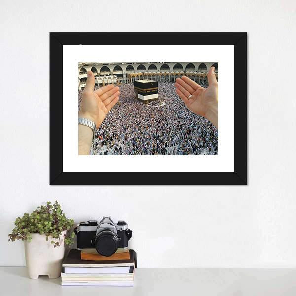 Man Praying & Holy Kaaba Canvas Wall Art-5 Horizontal-Gallery Wrap-22" x 12"-Tiaracle