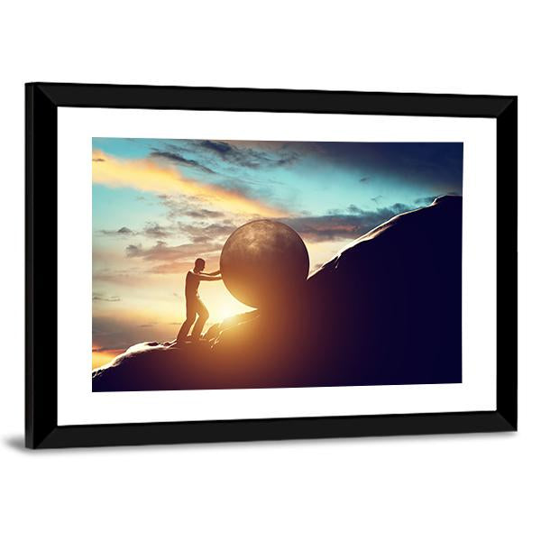Man Rolling Ball Up Hill Canvas Wall Art-1 Piece-Framed Print-20" x 16"-Tiaracle