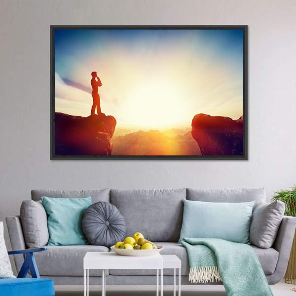 Man Standing On Mountain Canvas Wall Art-5 Horizontal-Gallery Wrap-22" x 12"-Tiaracle