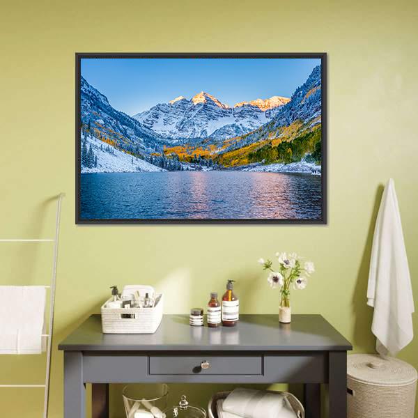 Maroon Bells At Sunrise Canvas Wall Art-1 Piece-Floating Frame-24" x 16"-Tiaracle