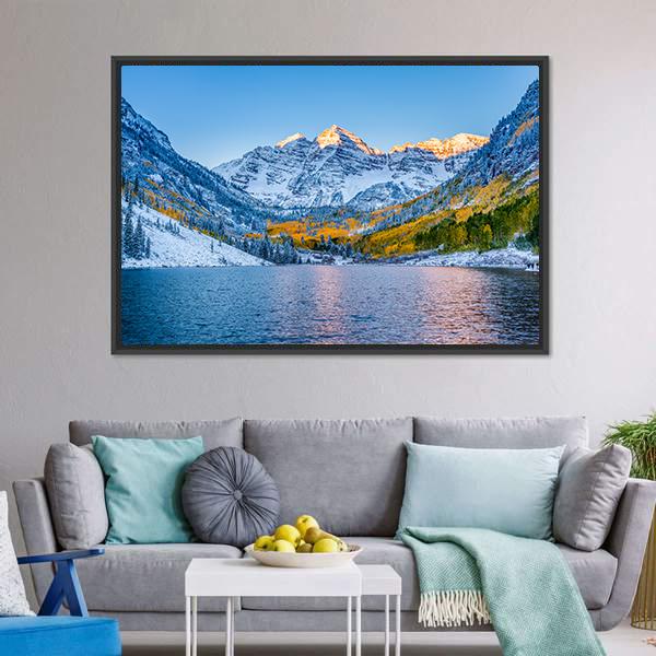 Maroon Bells At Sunrise Canvas Wall Art-5 Horizontal-Gallery Wrap-22" x 12"-Tiaracle