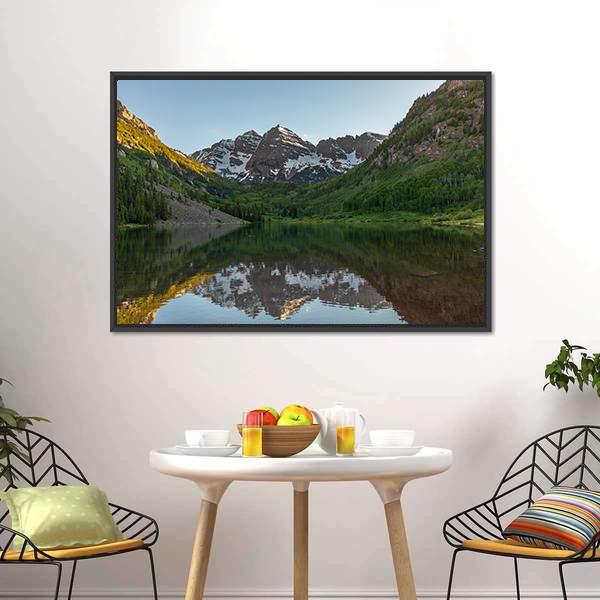 Maroon Bells Summer Reflection Canvas Wall Art-1 Piece-Floating Frame-24" x 16"-Tiaracle