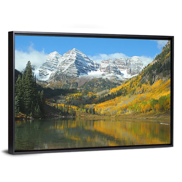 Maroon Lake In Autumn Canvas Wall Art-1 Piece-Floating Frame-24" x 16"-Tiaracle