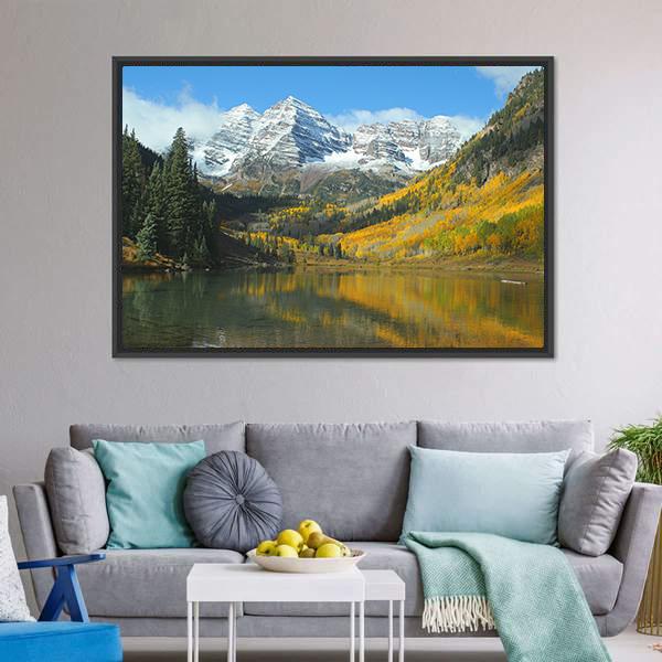 Maroon Lake In Autumn Canvas Wall Art-3 Horizontal-Gallery Wrap-25" x 16"-Tiaracle