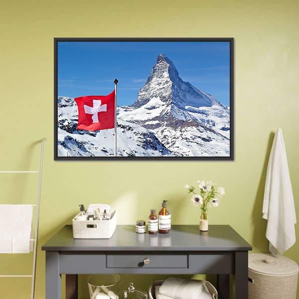 Matterhorn With Switzerland Flag Canvas Wall Art-5 Horizontal-Gallery Wrap-22" x 12"-Tiaracle