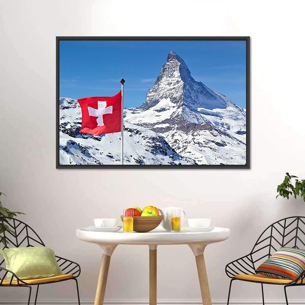 Matterhorn With Switzerland Flag Canvas Wall Art-5 Horizontal-Gallery Wrap-22" x 12"-Tiaracle