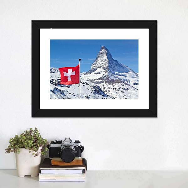 Matterhorn With Switzerland Flag Canvas Wall Art-5 Horizontal-Gallery Wrap-22" x 12"-Tiaracle