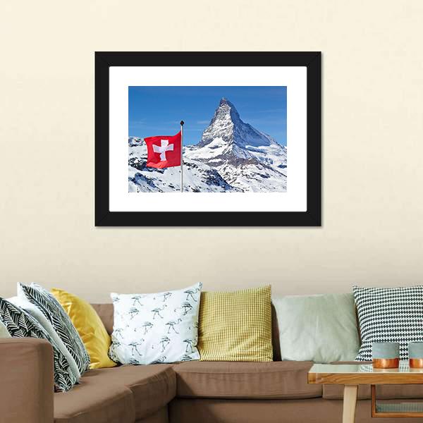 Matterhorn With Switzerland Flag Canvas Wall Art-5 Horizontal-Gallery Wrap-22" x 12"-Tiaracle