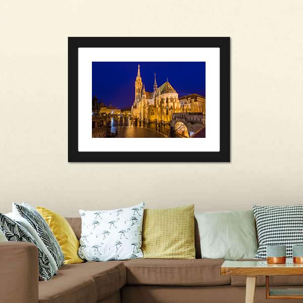 Matthias Church At Night Canvas Wall Art-3 Horizontal-Gallery Wrap-25" x 16"-Tiaracle