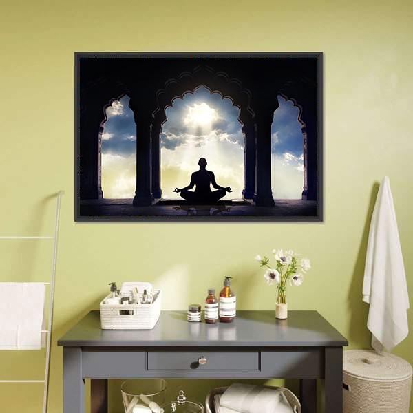 Meditating In Old Temple Canvas Wall Art-5 Horizontal-Gallery Wrap-22" x 12"-Tiaracle