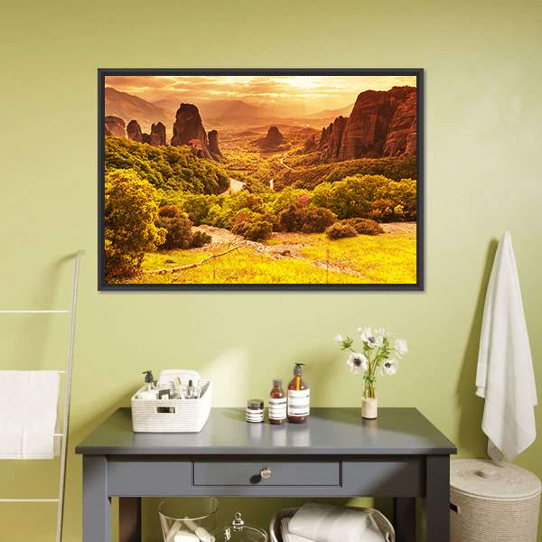 Meteora Monasteries Greece Canvas Wall Art-1 Piece-Floating Frame-24" x 16"-Tiaracle