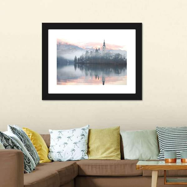 Misty Evening At Bled Lake Canvas Wall Art-3 Horizontal-Gallery Wrap-25" x 16"-Tiaracle