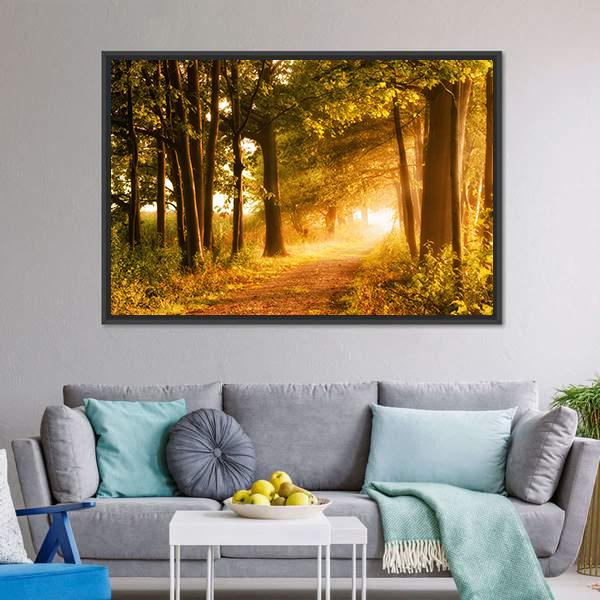Misty Footpath In Forest Canvas Wall Art-3 Horizontal-Gallery Wrap-25" x 16"-Tiaracle