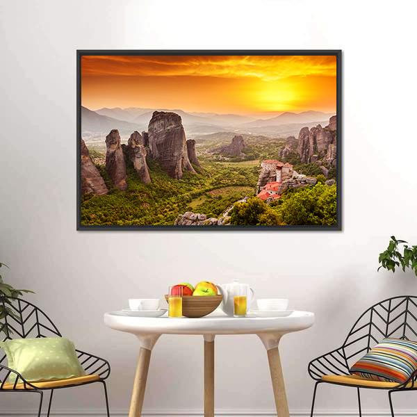Monastery Of Rousanou Canvas Wall Art-1 Piece-Floating Frame-24" x 16"-Tiaracle