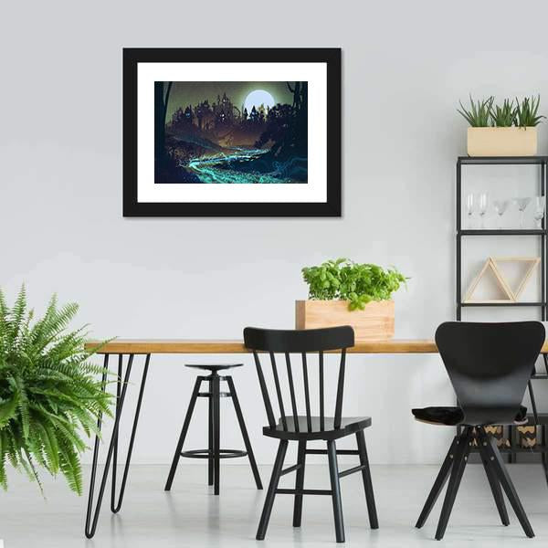 Moon Over Castle Illustration Canvas Wall Art-3 Horizontal-Gallery Wrap-25" x 16"-Tiaracle