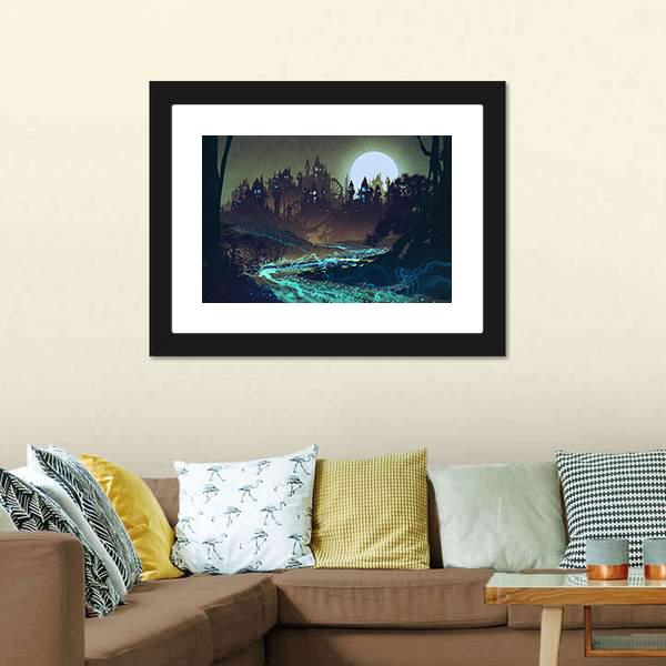 Moon Over Castle Illustration Canvas Wall Art-3 Horizontal-Gallery Wrap-25" x 16"-Tiaracle