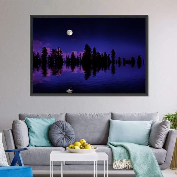 Moon Rise Over Pine Trees Canvas Wall Art-3 Horizontal-Gallery Wrap-25" x 16"-Tiaracle