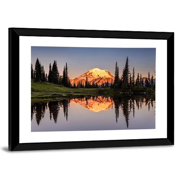 Mount Rainier Reflection At Sunset Canvas Wall Art-3 Horizontal-Gallery Wrap-25" x 16"-Tiaracle