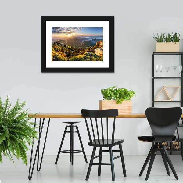 Mountain Forest In Sunlight Canvas Wall Art-3 Horizontal-Gallery Wrap-25" x 16"-Tiaracle