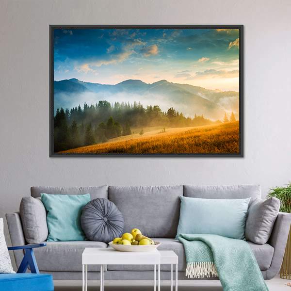 Mountain Landscape With Fog Canvas Wall Art-3 Horizontal-Gallery Wrap-25" x 16"-Tiaracle