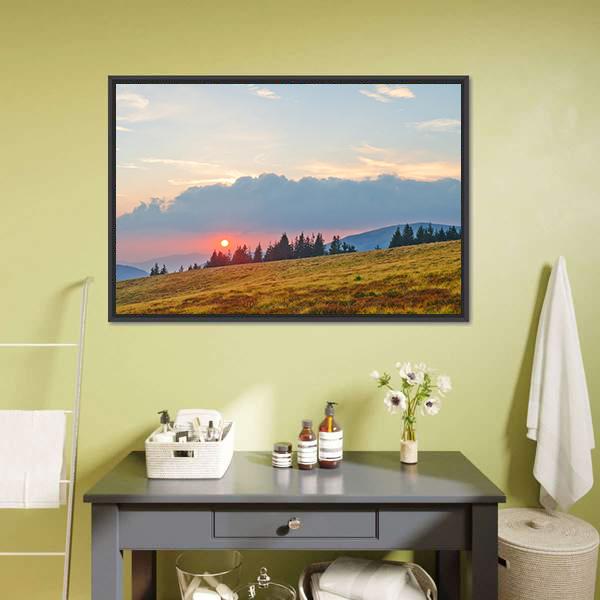 Mountain Landscape With Sun Canvas Wall Art-3 Horizontal-Gallery Wrap-25" x 16"-Tiaracle