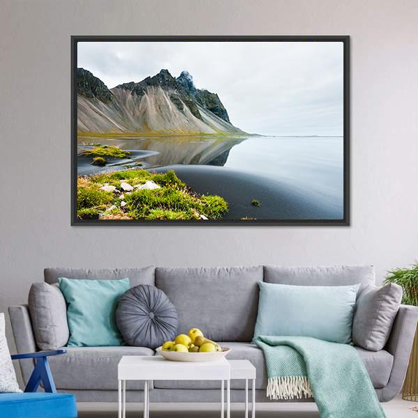 Mountain Reflection On Shore Canvas Wall Art-3 Horizontal-Gallery Wrap-25" x 16"-Tiaracle