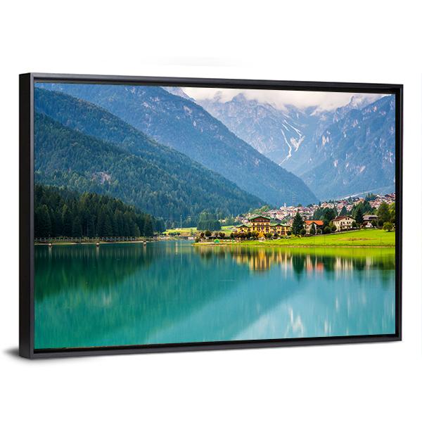 Mountain Village & Lake Auronzo Canvas Wall Art-1 Piece-Floating Frame-24" x 16"-Tiaracle