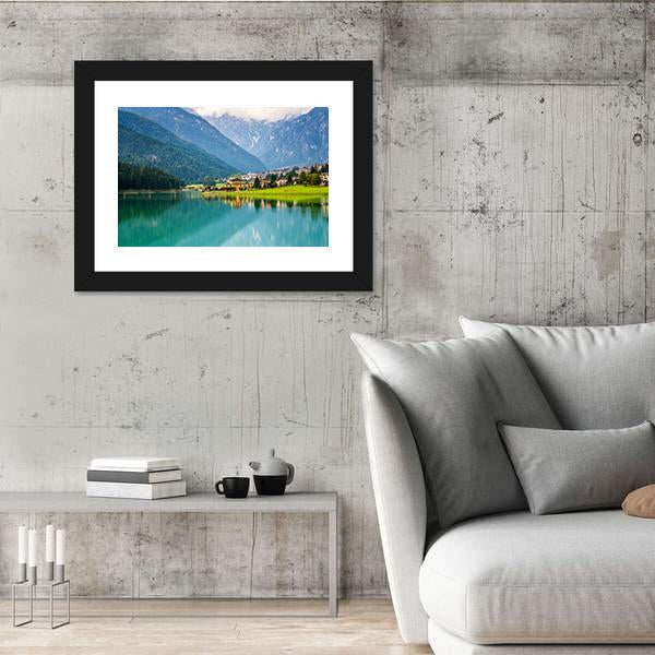Mountain Village & Lake Auronzo Canvas Wall Art-3 Horizontal-Gallery Wrap-25" x 16"-Tiaracle