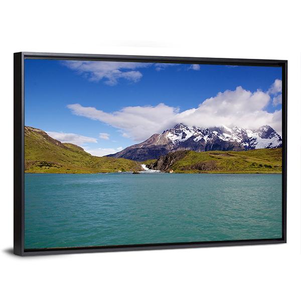Mountains & Pehoe River Canvas Wall Art-1 Piece-Floating Frame-24" x 16"-Tiaracle