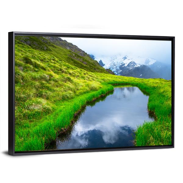 Mt Cook Reflection On Pond Canvas Wall Art-1 Piece-Floating Frame-24" x 16"-Tiaracle