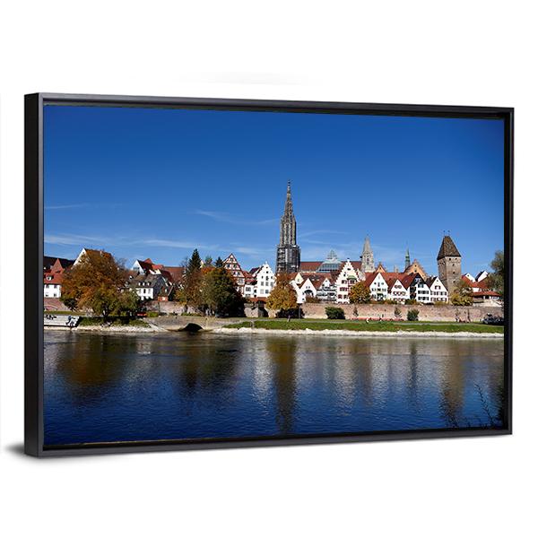 Muenster Tower & River Danube Canvas Wall Art-1 Piece-Floating Frame-24" x 16"-Tiaracle