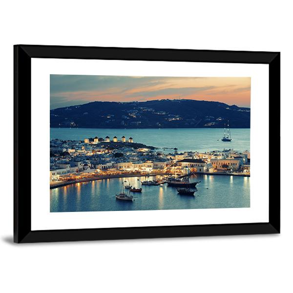 Mykonos Bay At Sunset Canvas Wall Art-1 Piece-Framed Print-20" x 16"-Tiaracle
