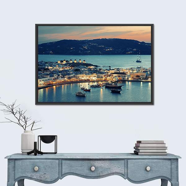 Mykonos Bay At Sunset Canvas Wall Art-3 Horizontal-Gallery Wrap-25" x 16"-Tiaracle