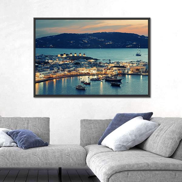 Mykonos Bay At Sunset Canvas Wall Art-3 Horizontal-Gallery Wrap-25" x 16"-Tiaracle