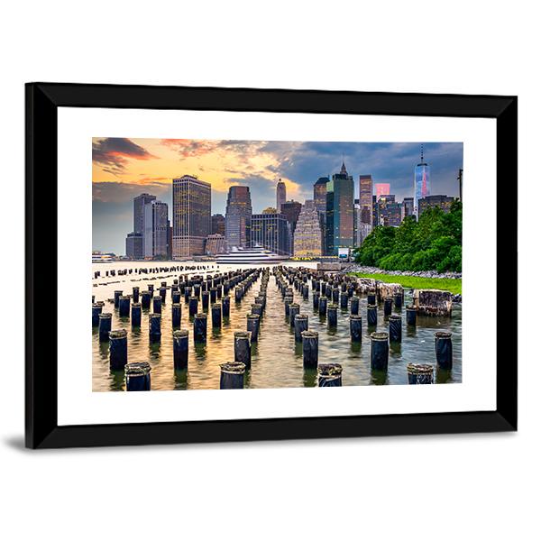 NY Skyline On East River Canvas Wall Art-5 Horizontal-Gallery Wrap-22" x 12"-Tiaracle