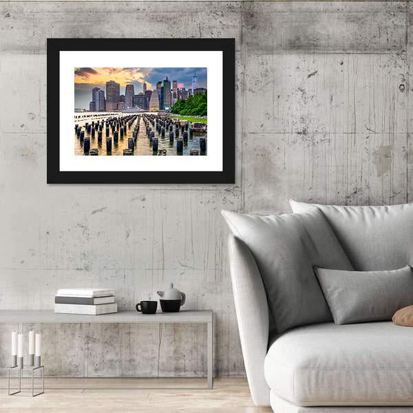 NY Skyline On East River Canvas Wall Art-5 Horizontal-Gallery Wrap-22" x 12"-Tiaracle