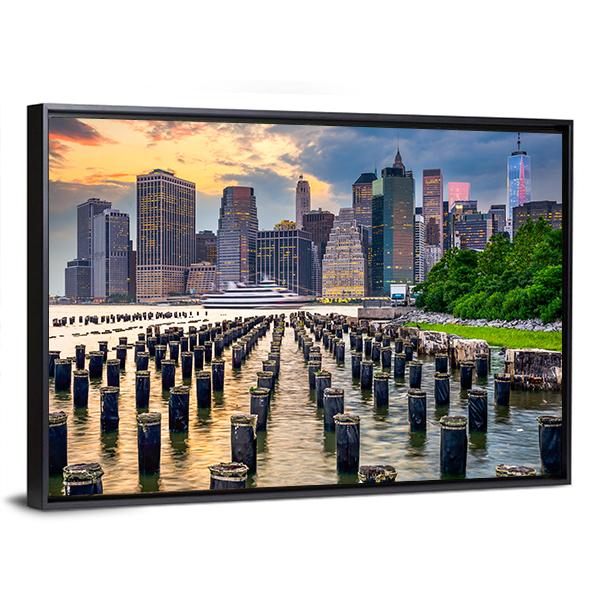 NY Skyline On East River Canvas Wall Art-5 Horizontal-Gallery Wrap-22" x 12"-Tiaracle
