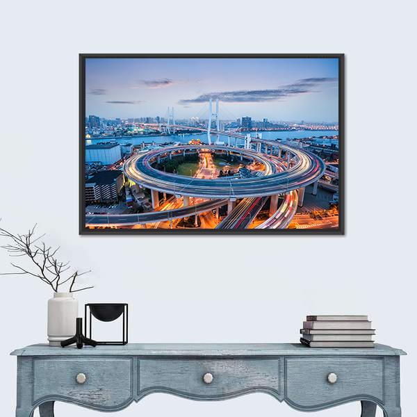Nanpu Bridge At Dusk Canvas Wall Art-1 Piece-Floating Frame-24" x 16"-Tiaracle