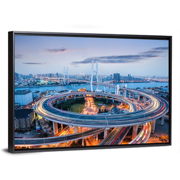 Nanpu Bridge At Dusk Canvas Wall Art-3 Horizontal-Gallery Wrap-25" x 16"-Tiaracle