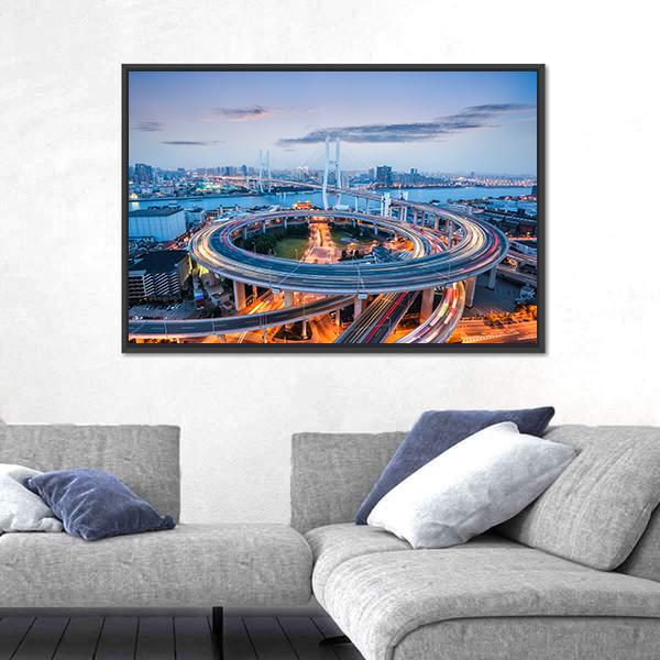 Nanpu Bridge At Dusk Canvas Wall Art-3 Horizontal-Gallery Wrap-25" x 16"-Tiaracle