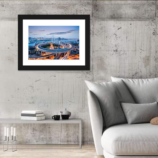 Nanpu Bridge At Dusk Canvas Wall Art-5 Horizontal-Gallery Wrap-22" x 12"-Tiaracle