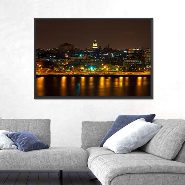 Night View Of Havana Canvas Wall Art-5 Horizontal-Gallery Wrap-22" x 12"-Tiaracle