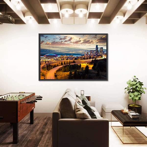 Night View Of Seattle Canvas Wall Art-5 Horizontal-Gallery Wrap-22" x 12"-Tiaracle