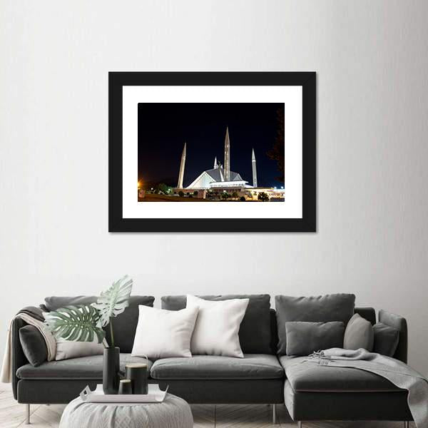 Night View Of Shah Faisal Mosque Canvas Wall Art-5 Horizontal-Gallery Wrap-22" x 12"-Tiaracle