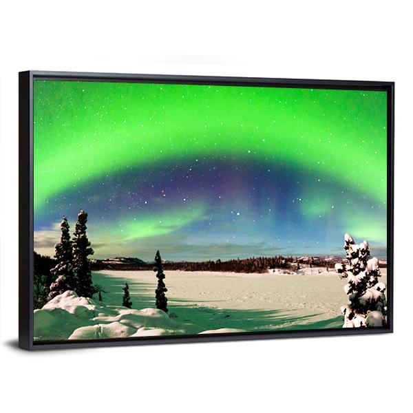 Northern Lights Over Snowy Landscape Canvas Wall Art-5 Horizontal-Gallery Wrap-22" x 12"-Tiaracle