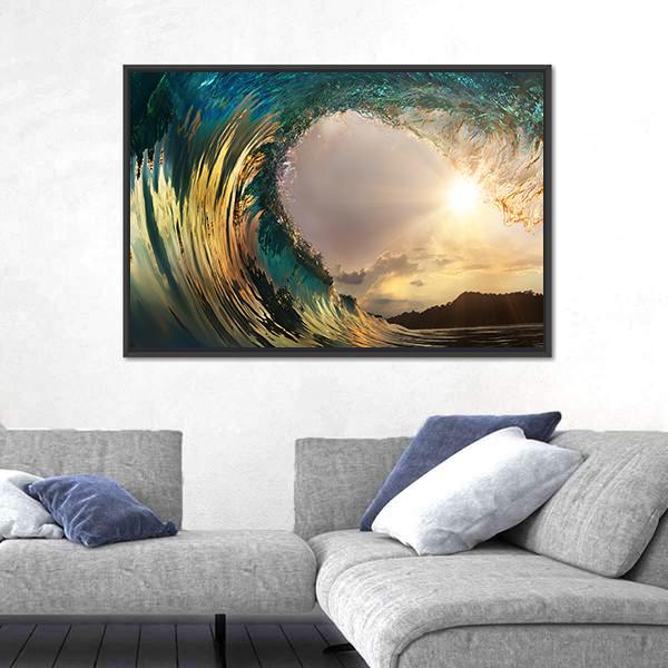 Ocean Wave Breaking At Sunset Canvas Wall Art-3 Horizontal-Gallery Wrap-25" x 16"-Tiaracle