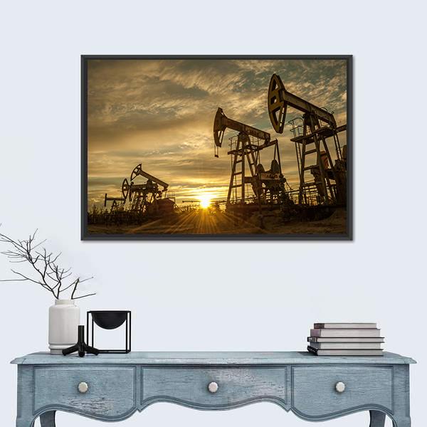 Oil Pump Jacks At Sunset Canvas Wall Art-1 Piece-Floating Frame-24" x 16"-Tiaracle