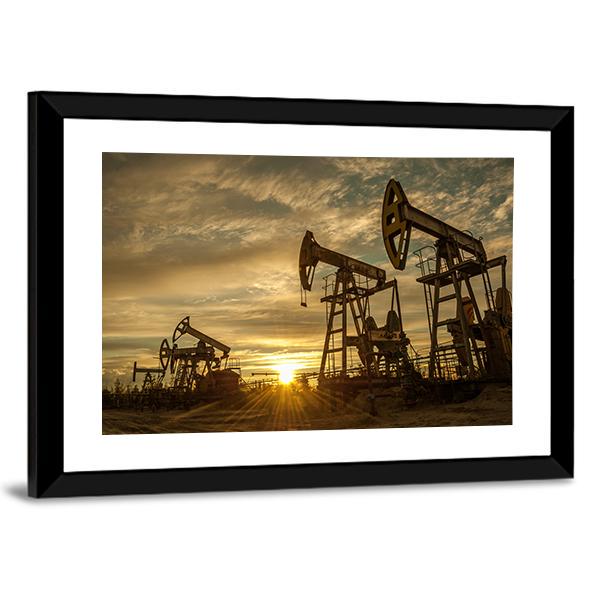Oil Pump Jacks At Sunset Canvas Wall Art-5 Horizontal-Gallery Wrap-22" x 12"-Tiaracle