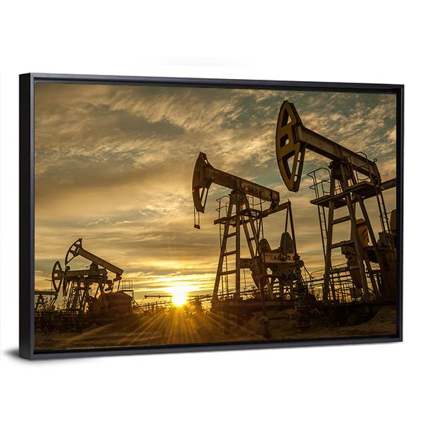 Oil Pump Jacks At Sunset Canvas Wall Art-5 Horizontal-Gallery Wrap-22" x 12"-Tiaracle