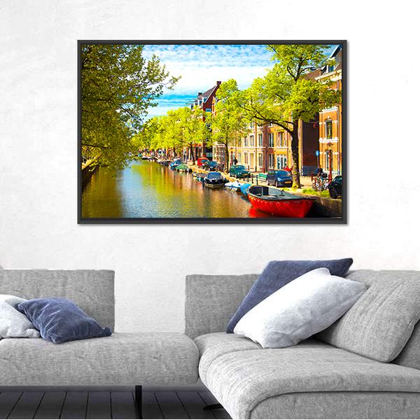 Old Buildings With Canal Canvas Wall Art-5 Horizontal-Gallery Wrap-22" x 12"-Tiaracle